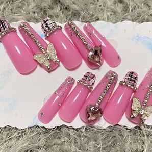 No.112 ネイルチップ 地雷系 地雷 ハート ピンク ゴテゴテ ツイードネイル 可愛い 現品 量産型 蝶々