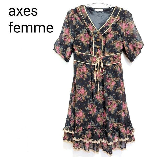 axes femme ワンピース M ブラック×フラワー レトロ 金ボタン 花柄