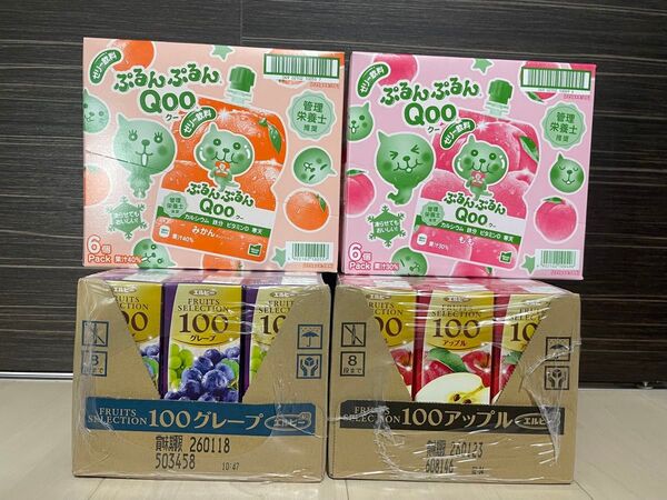紙パック エルビー100%グレープ 100%アップル各12本 パウチぷるんぷるんQooクー みかん もも 各6個 36点セット