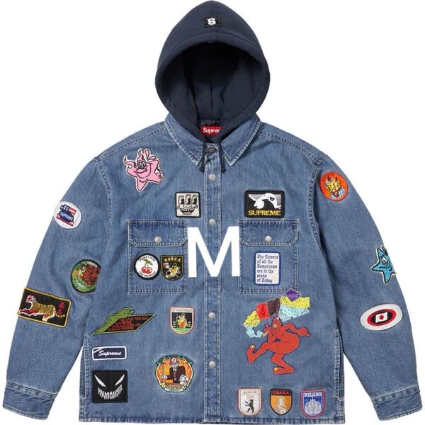 supreme Patches Hooded Zip Up Shirt Denim M
