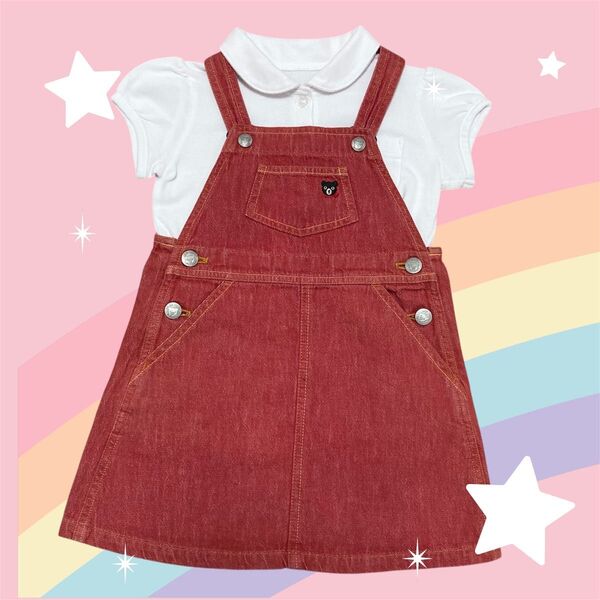 ミキハウス 100 夏物 デニムワンピース ダブルビー クマ柄 レトロ ヴィンテージ オールド 女児 女の子 ジャンパースカート