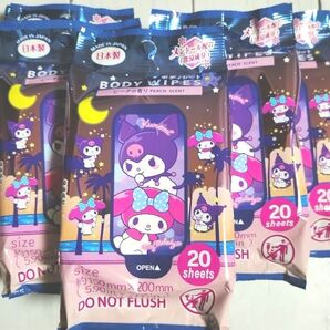 《 Kuromi & mymelody BODY WIPES 》ヒアルロン酸配合ボディシート 5コ ピーチの香り /日本製