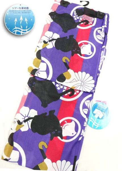 新品 猫柄 黒猫 浴衣 Fサイズ【清涼感あるシアーな素材感】ポリエステル浴衣 浴衣単品 ねこ ネコ 女性用 花火大会