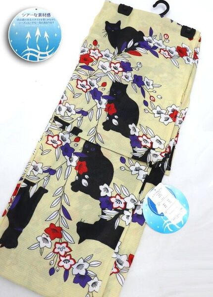 新品 特価 猫柄 黒猫 浴衣 Fサイズ【清涼感あるシアーな素材感】ポリエステル浴衣 浴衣単品 クリーム ねこ ネコ
