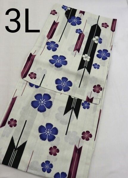 新品 3L相当 大きいサイズ 浴衣 白地に矢絣 花模様 変わり織り浴衣 ふくよか ぽっちゃり