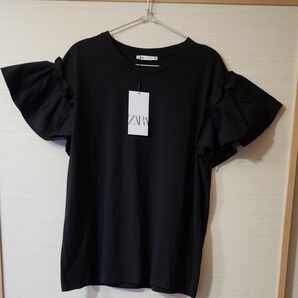ZARA 半袖トップス フリル袖 サイズL ブラック