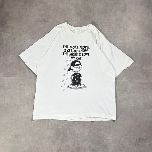 古着 90s アート Tシャツ 半袖 ホワイト メッセージ 猫 シングルステッチ プリント ブラック モノトーン