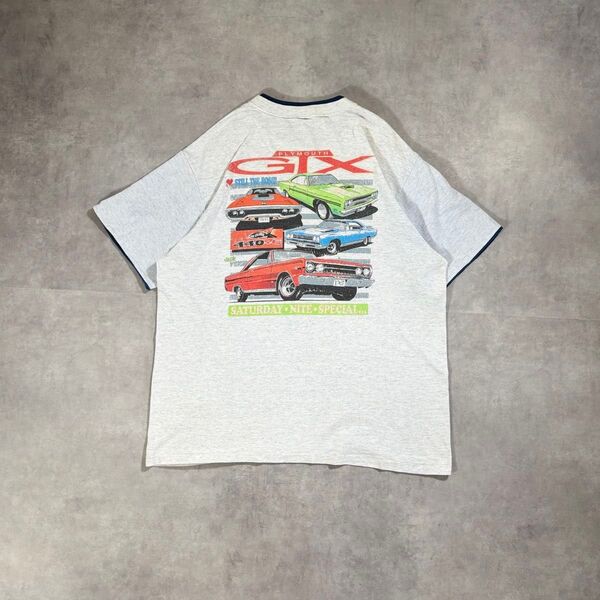 古着 90s アート Tシャツ 半袖 杢グレー USA製 旧車 クラシックカー フェイクレイヤード cityboy 海外ストリート