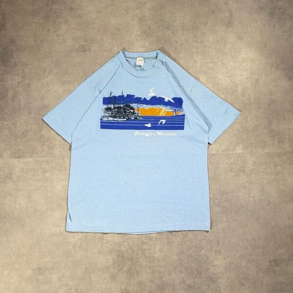 古着 80s 半袖 アート Tシャツ ライトブルー 海 漁港 シングルステッチ USA製 スーベニア cityboy