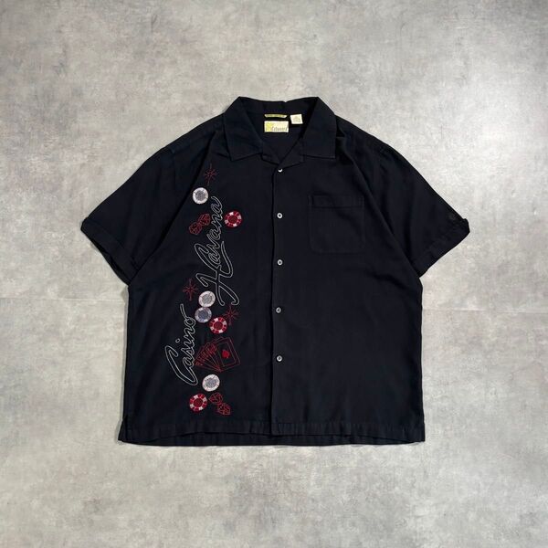 古着 90s〜 キューバシャツ シルク ブラック オープンカラー 短丈 半袖 guayabera shirt 黒 ボックス 刺繍
