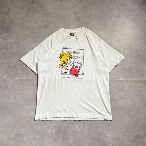 古着 vintage 80s〜 恐竜 アート メッセージ Tシャツ シングルステッチ ホワイト USA製 プリント ユニーク
