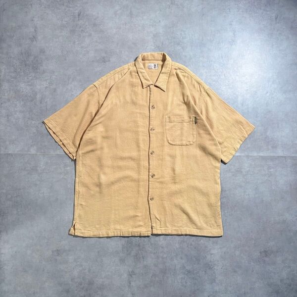 古着 80s〜 que sports 半袖シャツ リネン 無地 ブランク ベージュ 開襟 ボックス オープンカラー cityboy