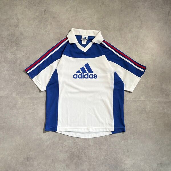 古着 00s adidas ゲームシャツ 半袖 Tシャツ 3ストライプ 短丈 白 アディダス 襟付き Vネック フランス