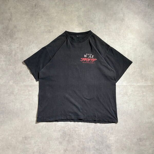 古着 90s レッドウルフ 半袖 Tシャツ ブラック プリント フェード 企業 バドワイザー ラガービール シングルステッチ 黒