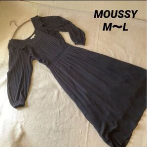 MOUSSY 黒 スクエアネック ドルマン マキシロングワンピース ストレッチ フリーサイズ 秋冬