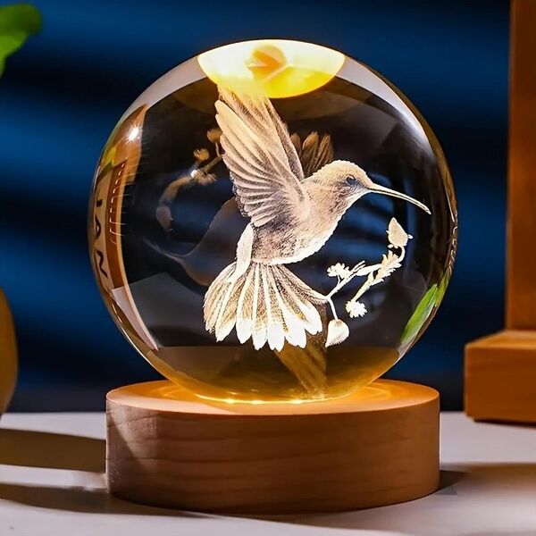 LED ハチドリ 鳥 光る置物 クリスタルボール ナイトライト ガラス玉 USB