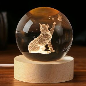 LED 猫 ネコ 光る置物 クリスタルボール ナイトライト ガラス玉 USB 置物 開運 丸玉