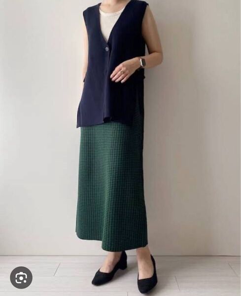 GU ロングスカート ニット タイト チェック 千鳥柄 グリーン S