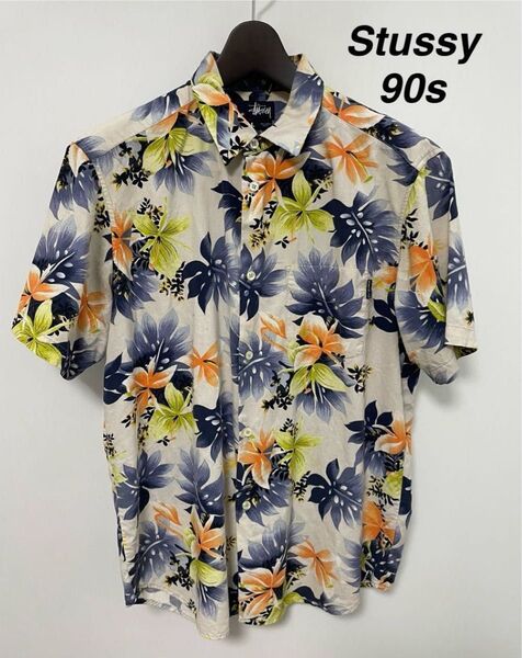 90s OLD STUSSY USA製 アロハシャツ L 紺タグ ステューシー ハワイアンシャツ レーヨン 米国