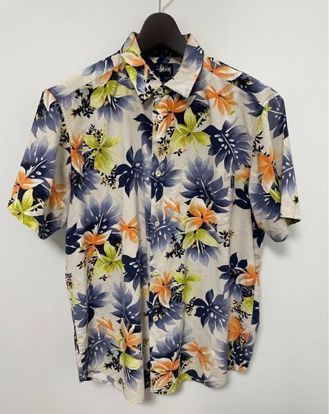 90s OLD STUSSY USA製 アロハシャツ L 紺タグ ステューシー ハワイアンシャツ レーヨン 米国
