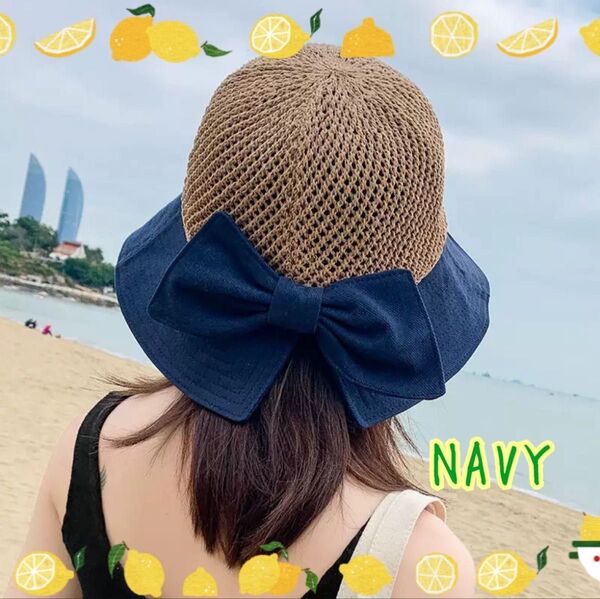 麦わら帽子 ネイビー 帽子 ハット 夏 キレイめ 黒 涼しげ 可愛い