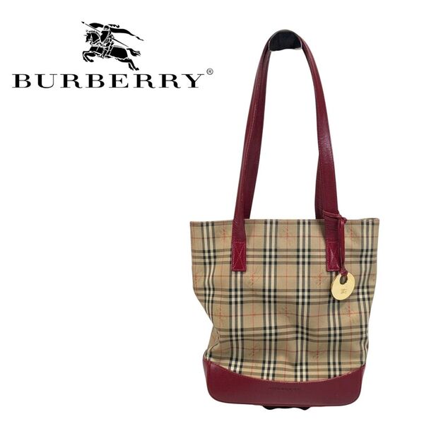 バーバリー トートバッグ ノバチェック柄 サフィアーノレザー ゴールド金具 BURBERRY レッド キャンバス