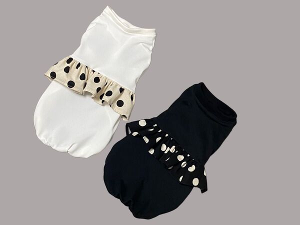 ハンドメイド☆犬服☆白黒☆水玉☆フリル☆タンクトップ☆オーダー