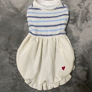 ハンドメイド☆犬服☆水色ボーダー☆コットンリネンワンピース☆ダックス