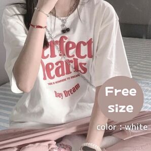 ★ラスト1点★ 白 ロゴTシャツ カジュアル トップス 夏 着回し シンプル 半袖 レディース フリーサイズ カットソー