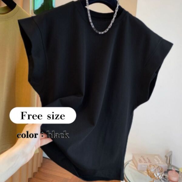 ノースリーブ 黒 カットソー Tシャツ トップス デザイン シンプル 無地 棉 夏