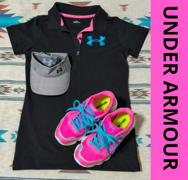美品★おまとめ★セット★UNDER ARMOUR アンダーアーマー ゴルフ シャツ 黒 チェック サンバイザー スニーカー ピンク