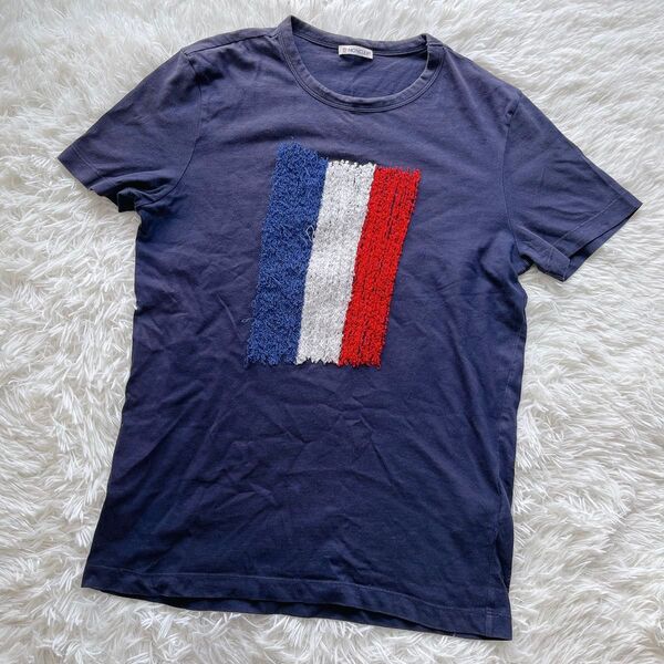 希少 MONCLER モンクレール フランス国旗刺 Tシャツ Mサイズ ネイビー トリコロール