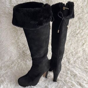 美品 MaxMara マックスマーラ ロングブーツ ファー×スエード リボン ブラック 黒 36 23cm ヒール ゴールド金具