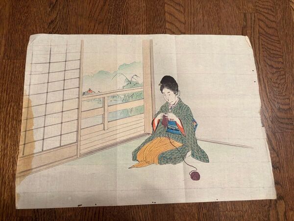 木版口絵 明治時代 木版画 浮世絵 美人画 文藝倶楽部 編み物