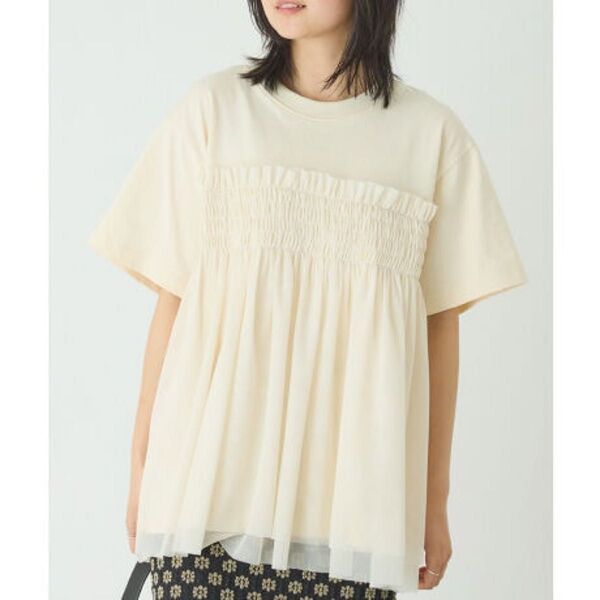 ラビアンジェ チュールドッキングTシャツ アイボリー LL ホワイト Tシャツ 半袖 白 クルーネック 半袖カットソー