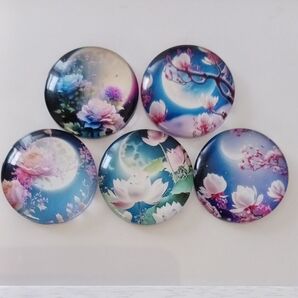 月夜とお花 ガラスカボション5個セット ハンドメイド素材 2,5cm