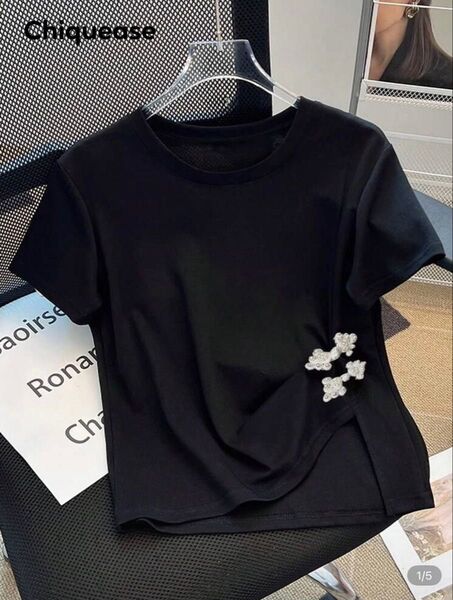 SHEIN チャイナ 中華風 半袖 Tシャツ ブラック クルーネック 3XL 大きいサイズ XL
