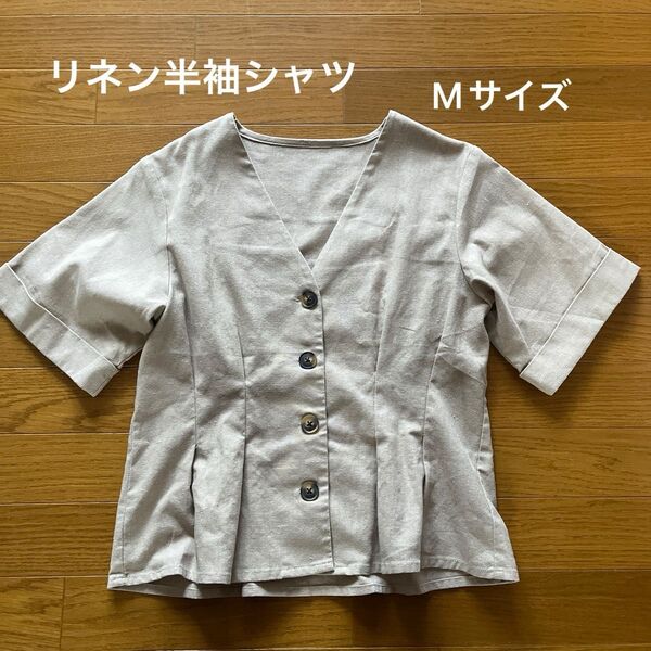 リネン混 半袖シャツ 半袖ジャケット Mサイズ ベージュ サマージャケット