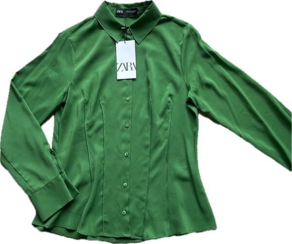 ZARA Mサイズ ペプラムシルエットブラウス グリーン 未使用タグ付