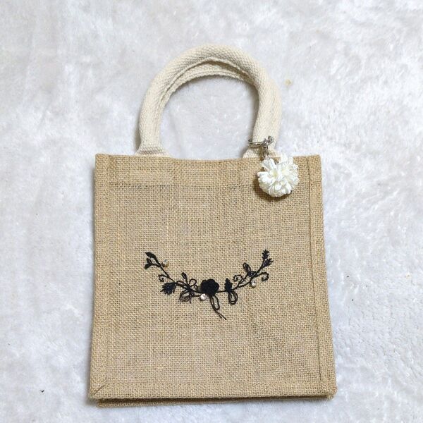 ジュートバッグ無印 ハンドメイド手刺繍タッセル 花