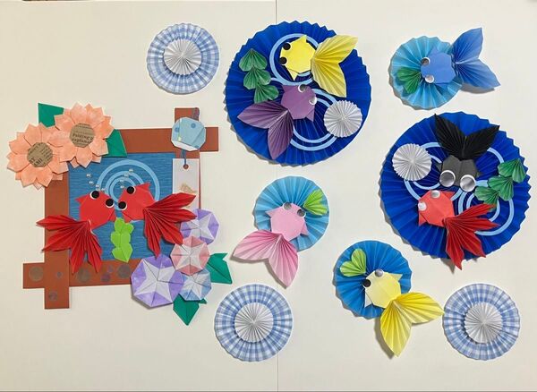 折り紙 ハンドメイド 夏 金魚のリース ペーパーファン 壁面飾り