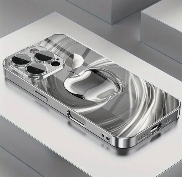 iPhone16Plus アイフォン16プラス 保護ケース カバー 強化ガラス 防指紋加工 クールなメタリック調 リンゴが似合う