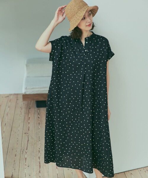 新品◎アーバンリサーチドアーズ ◎リネンドットフレアワンピース//ブラックM