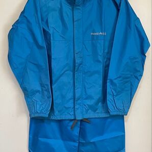 良品 モンベル レインウェア 150㎝ 上下セット クレッパー 袋付き ターコイズブルー レインスーツ