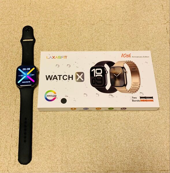 LAXASIT WATCH X スマートウォッチです。カラーはブラックで、ベルトはシリコン製 46ミリA Watchシリーズ10