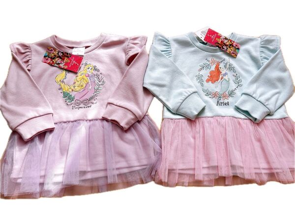 新品タグ付きディズニープリンセス ラプンツェル アリエル ロンT 80cm 女の子 子供服 チュニック ベビー服