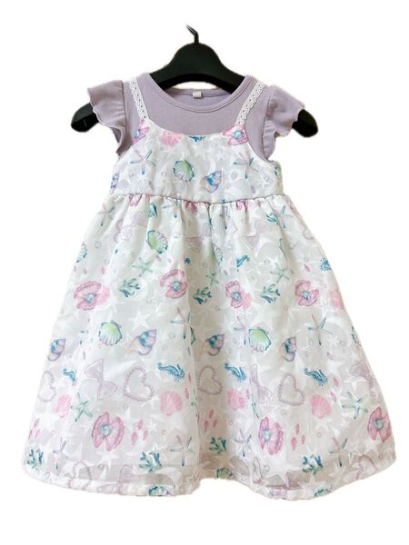 半袖ワンピース 貝殻 リボン ハート キラキラ かわいい 100cm 夏 女の子 ワンピース キッズ服 半袖 半袖ワンピース