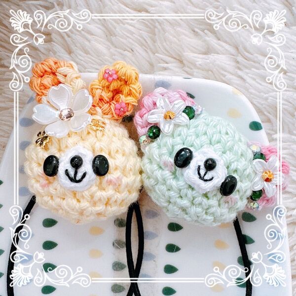 あみぐるみヘアゴム お花いっぱいうさくまちゃんイエロー&ミント