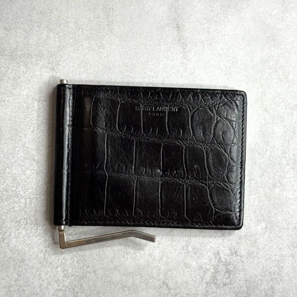 SAINT LAURENT サンローラン / エンボスクロコダイルマネークリップ 二つ折り財布 クロコ型押しレザー ブラック