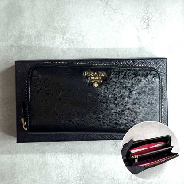 【付属品完備】 PRADA プラダ / サフィアーノマルチジップアラウンドウォレット 長財布 サフィアーノレザー ブラック ピンク
